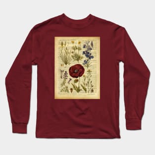 Botanical print, on old book page vintage - red poppy and garden flowers Long Sleeve T-Shirt